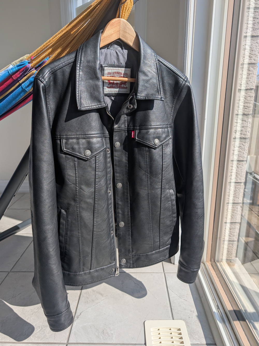 Levi's Black Leather Bomber-Style Trucker Jacket